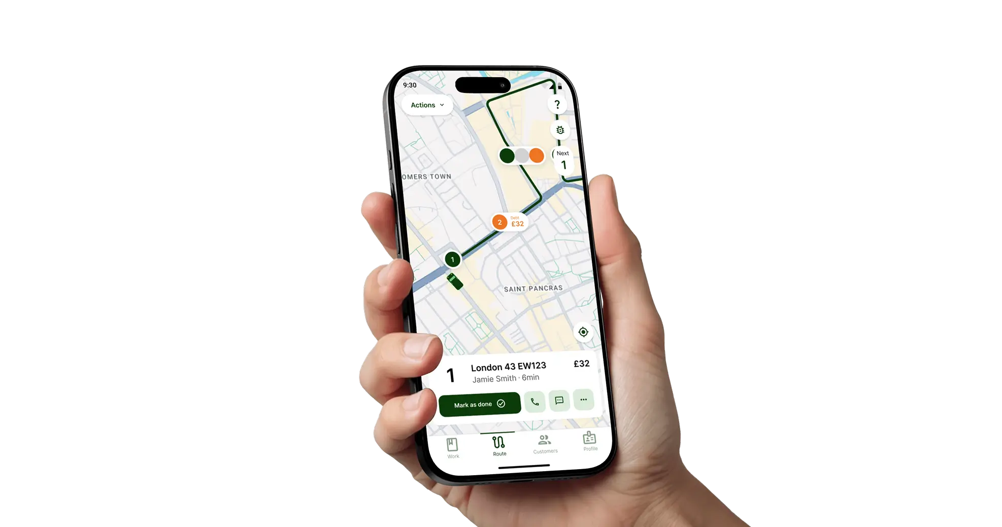 Hand holding smartphone displaying a delivery route map with stops in London and options to mark tasks done or contact customers.
