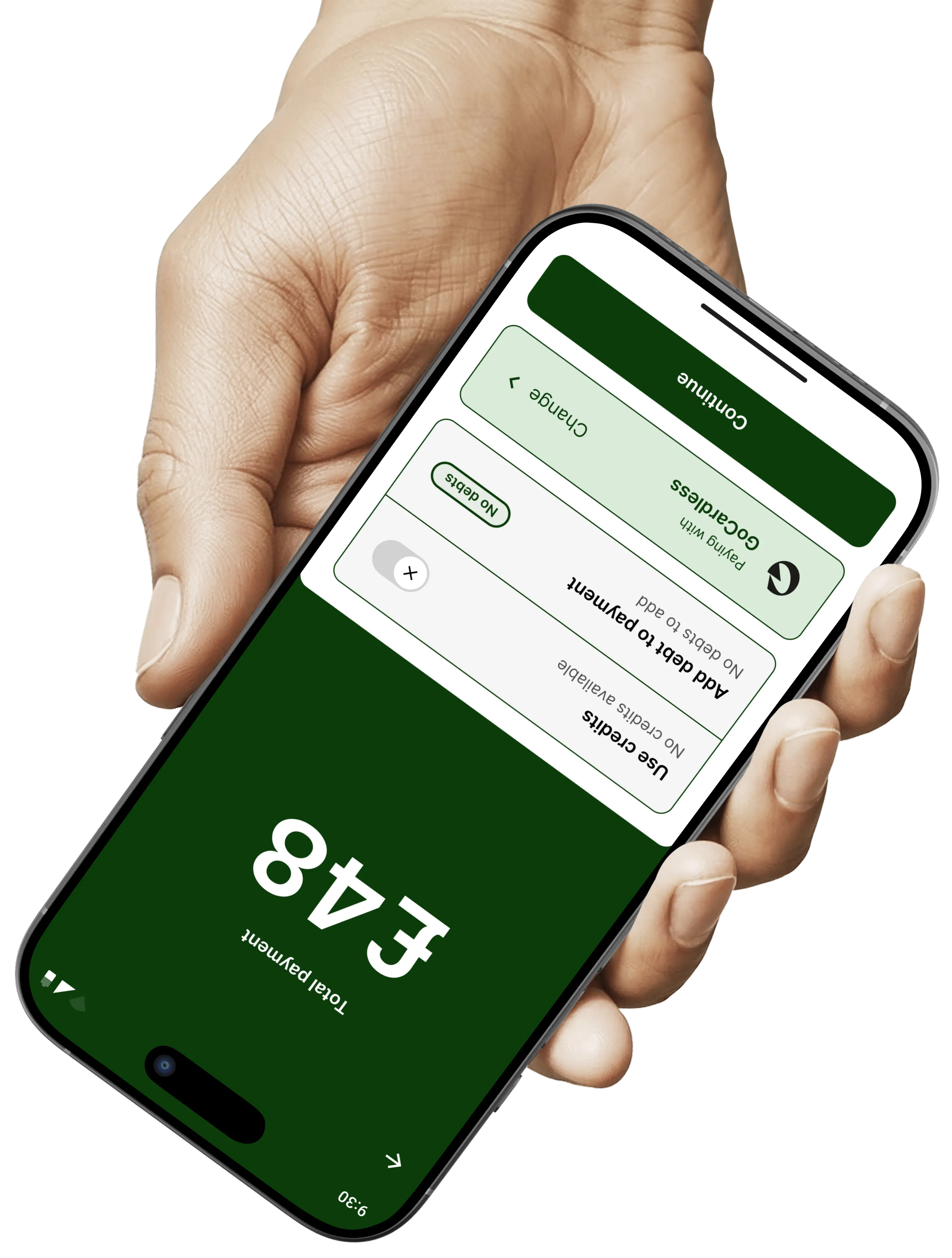 Hand holding an app on a payment collection screen